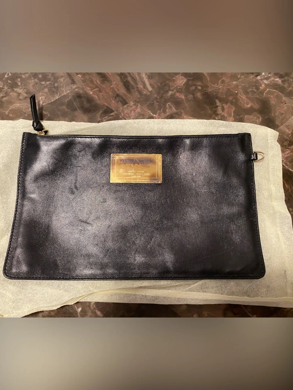 Bottega Veneta Black Leather Clutch with Gold Plate